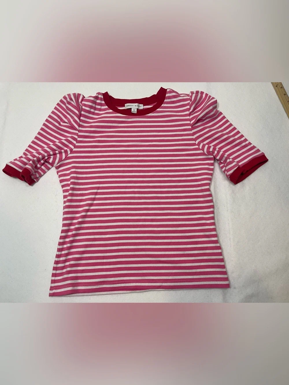 Rebecca Minkoff Pink White Striped Puff Sleeve Ribbed Knit Top Size Large